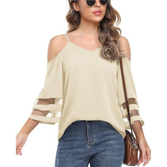 Beige Nude Mesh Panel 3/4 Bell Sleeve Off Shoulder Flowy Top Blouse Loose Top - Picture 2 of 5
